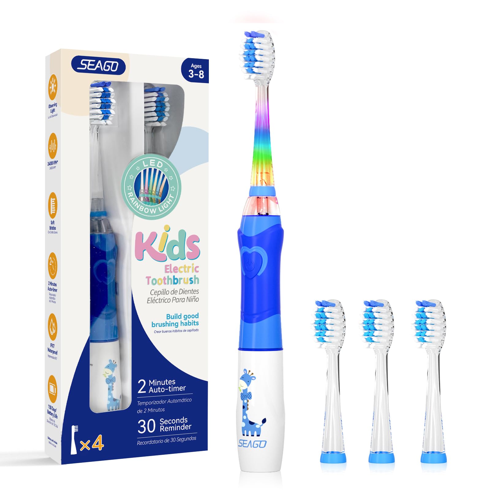 SEAGO Kids Electric Toothbrush, Timer, LED Light, AAA-Powered, 4 Heads