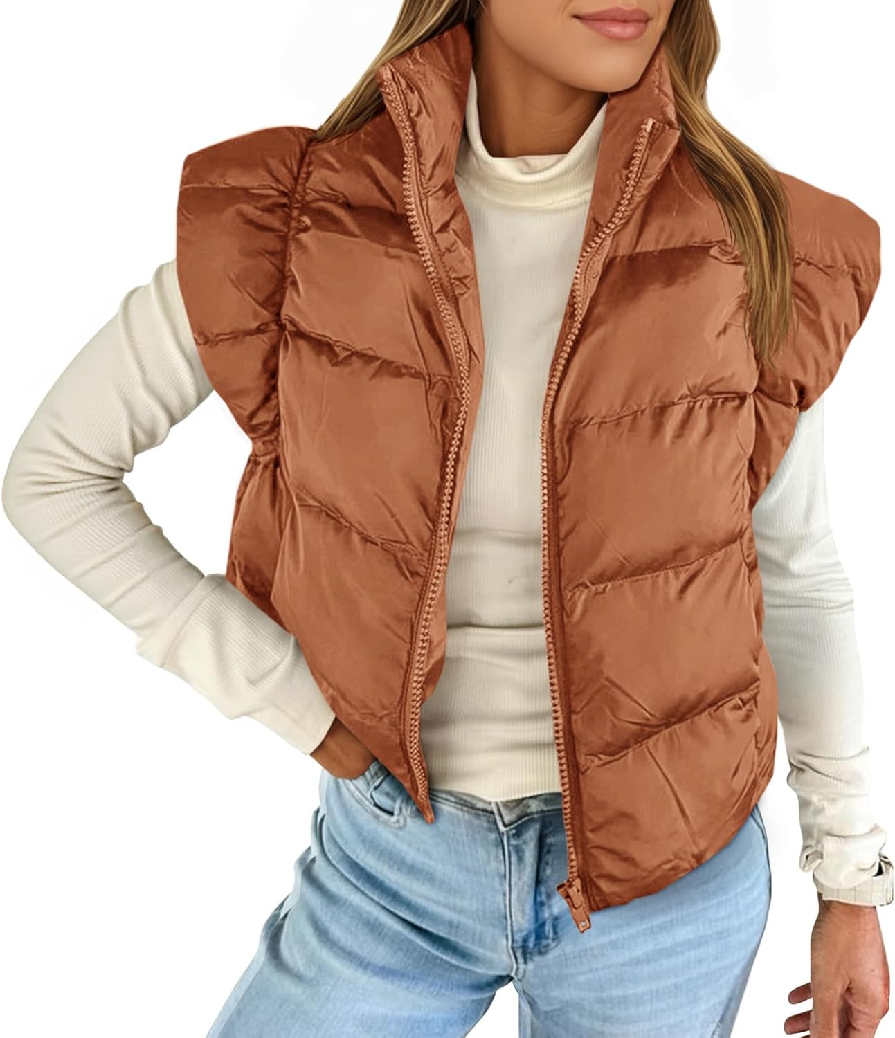 Tankaneo Womens Cropped Puffer Vest Cap Sleeve Zip Up Puffy Qulited Jacket Stand Collar Padded Gilet Coat Winter Outerwear