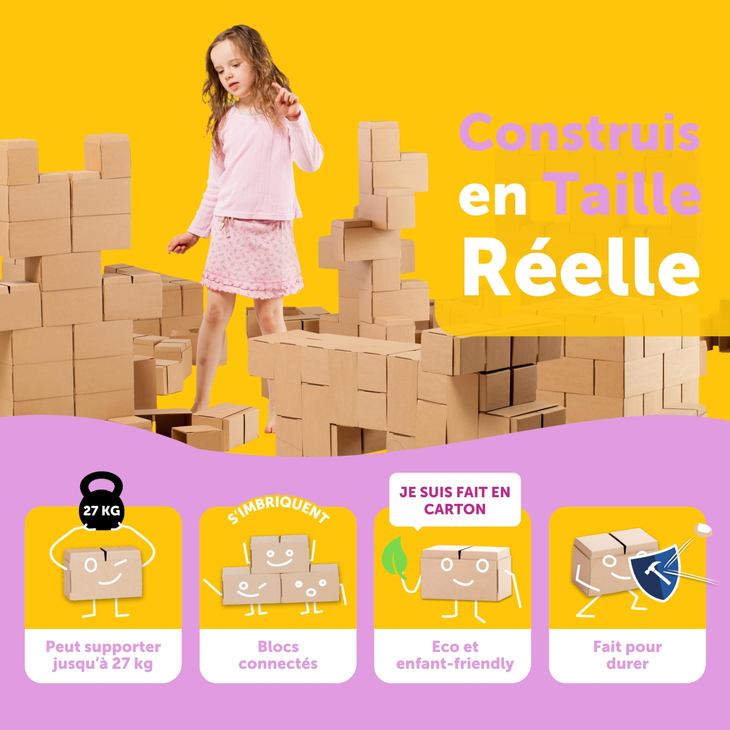 GIGI Bloks Cabane Enfant Interieure | Kit de Construction pour Cabane Carton avec 203 Bloc de Construction Enfant Empilables & Emboîtables | Maison Jouet Robuste & Facile à Assembler