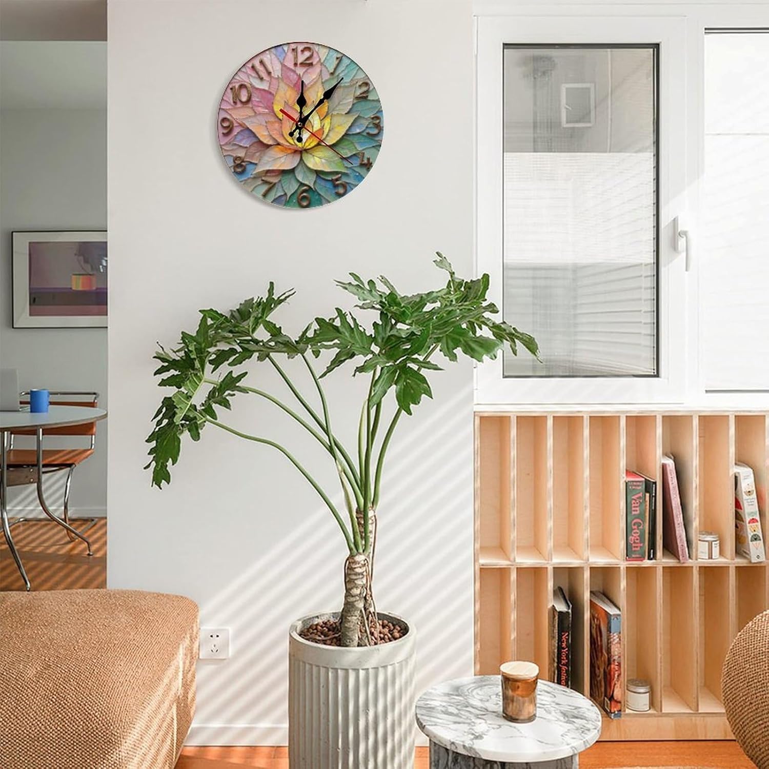 Glowing Lotus Stained Glass Clock 2D 12 Inch Silent Wall Clock, Frameless Wooden Round Clock with Quartz Movement for Bathroom, Kitchen, Living Room, Bedroom