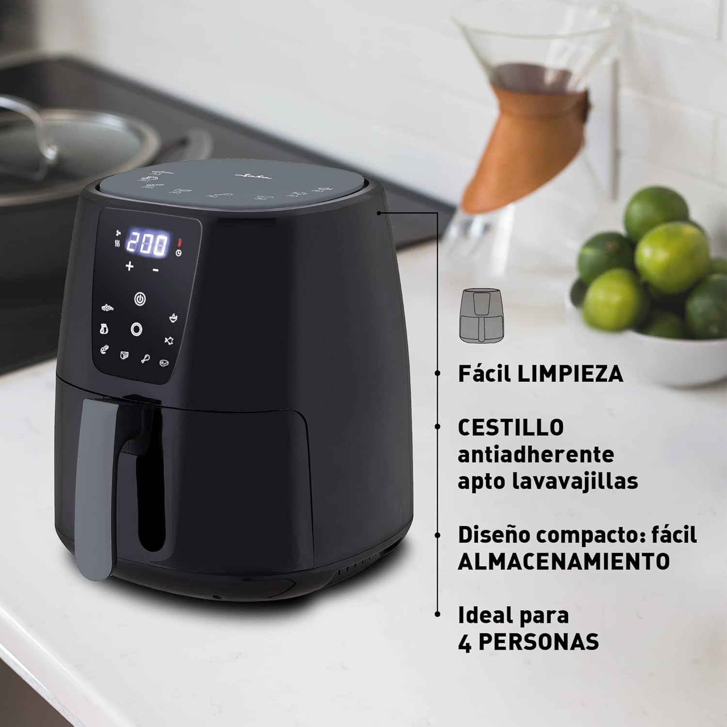 JATA JEFR1225 - Friggitrice senza olio con 8 programmi di cottura, controllo digitale, capacità di 5 l, fino a 200°, cestello antiaderente e lavabile in lavastoviglie, timer da 30 min, 1300 W, nero JATA JEFR1225 - Friggitrice senza olio con 8 programmi di cottura, controllo digitale, capacità di 5 l, fino a 200°, cestello antiaderente e lavabile in lavastoviglie, timer da 30 min, 1300 W, nero