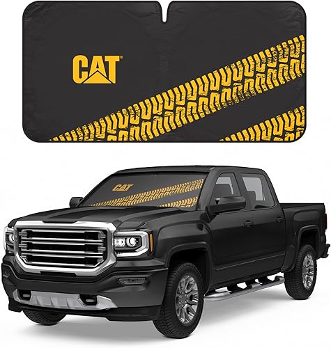 Cat Parasol para parabrisas de automóvilcamión, parasol reflectante UV, color negro con rieles de neumáticos amarillos, tamaño jumbo 64 x 32 pulgadas