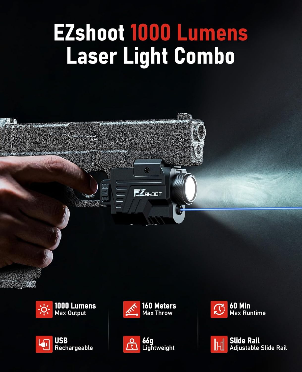 EZshoot 1000 Lumens Pistol Laser Light Combo - Rechargeable Gun Light with Slide Rail Compatible with Glock and Picatinny Rail, Pistol Flashlight with Blue Laser Beam for Home Defense