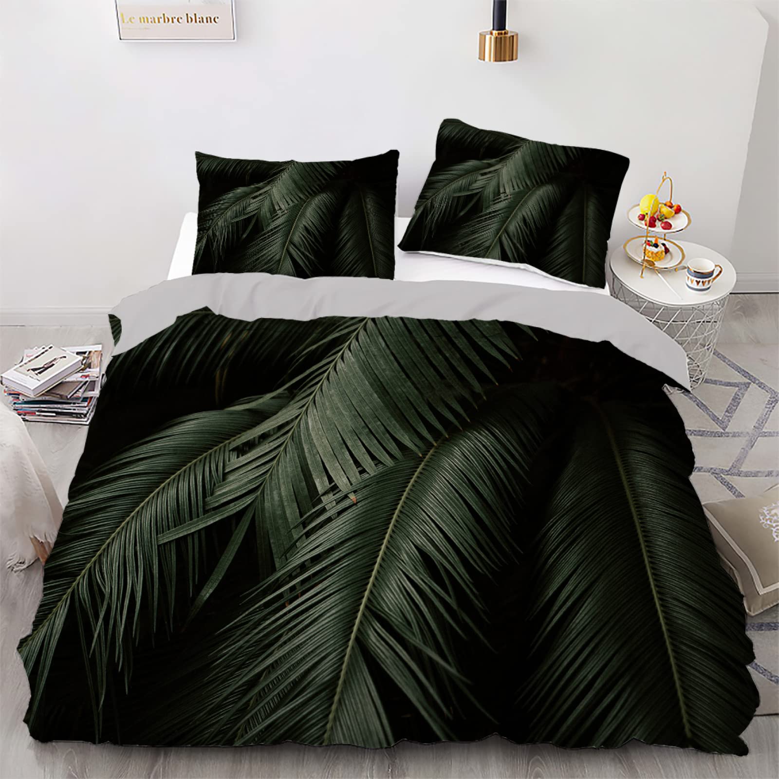 Housse de couette 160x200 fermeture éclair facile à enfiler parure feuilles noires