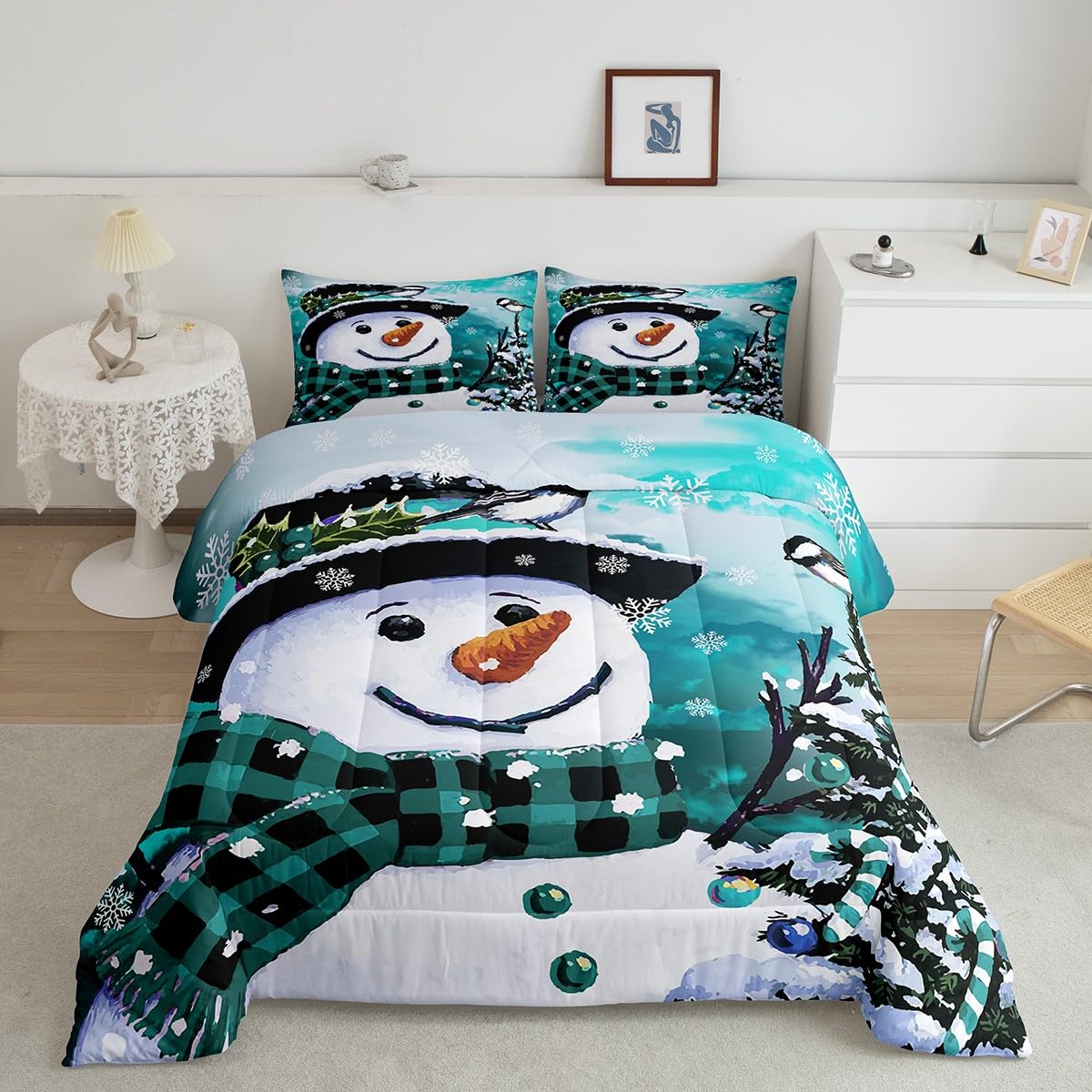 Feelyou Kids Christmas Theme Decorations Bedding Set Xmas Snowman Comforter Set for Boys Girls Snowflake Kawaii Cute Comforter Watercolor Teal Quilt Set Bedroom Collection Queen Size