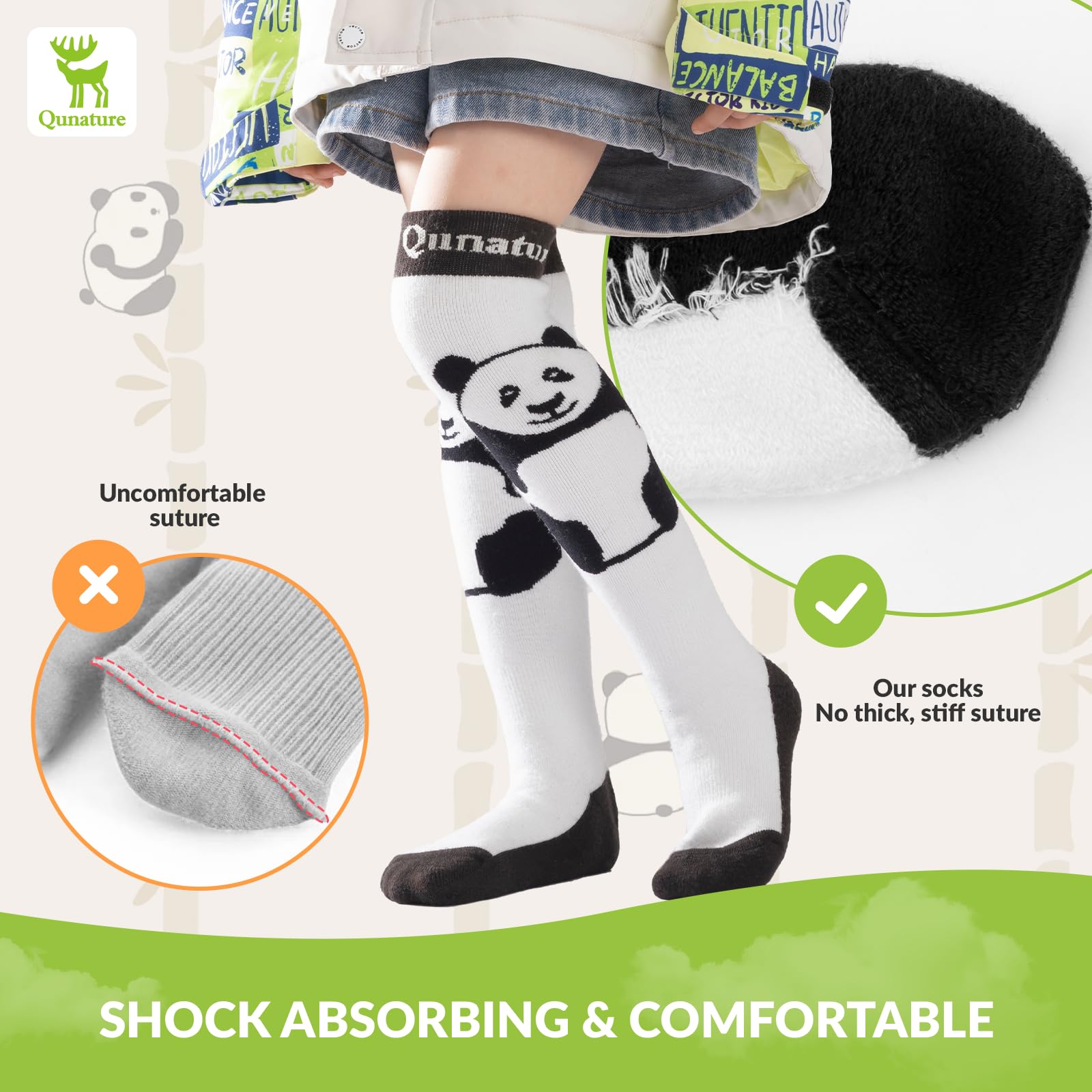 Chaussettes Ski Enfant Fille Garçon Épais Panda Motif Haut Chaussettes Mollet Intérieur Hiver Laine Thermique Chaud Anti-Choc Ergonomique Snowboard Patinage Cyclisme