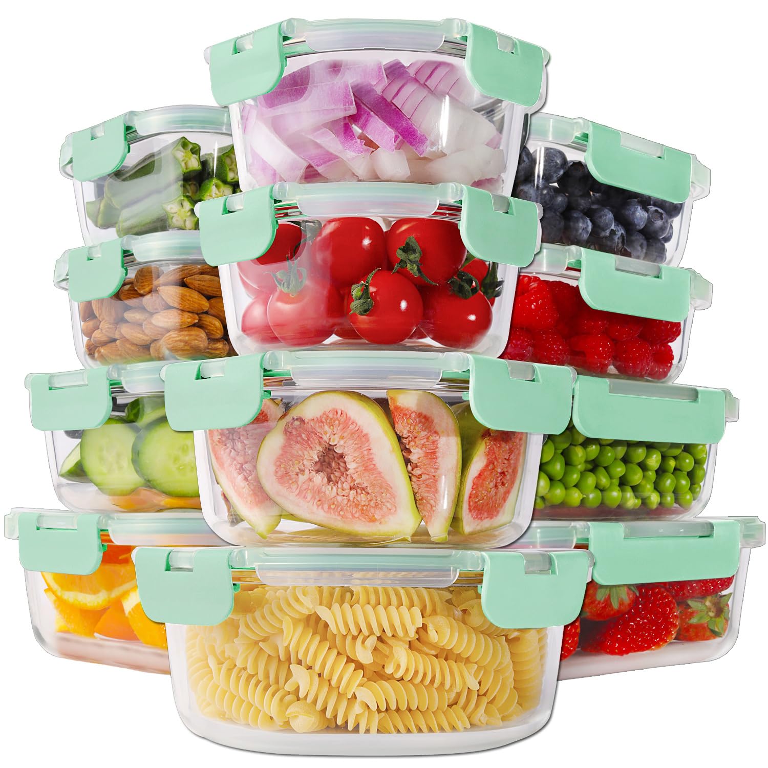 HOMBERKING Set di 12 contenitori per alimenti in vetro con coperchio, contenitori in vetro per la preparazione dei pasti, scatole bento ermetiche, senza BPA e a prova di perdite, per dispensa da