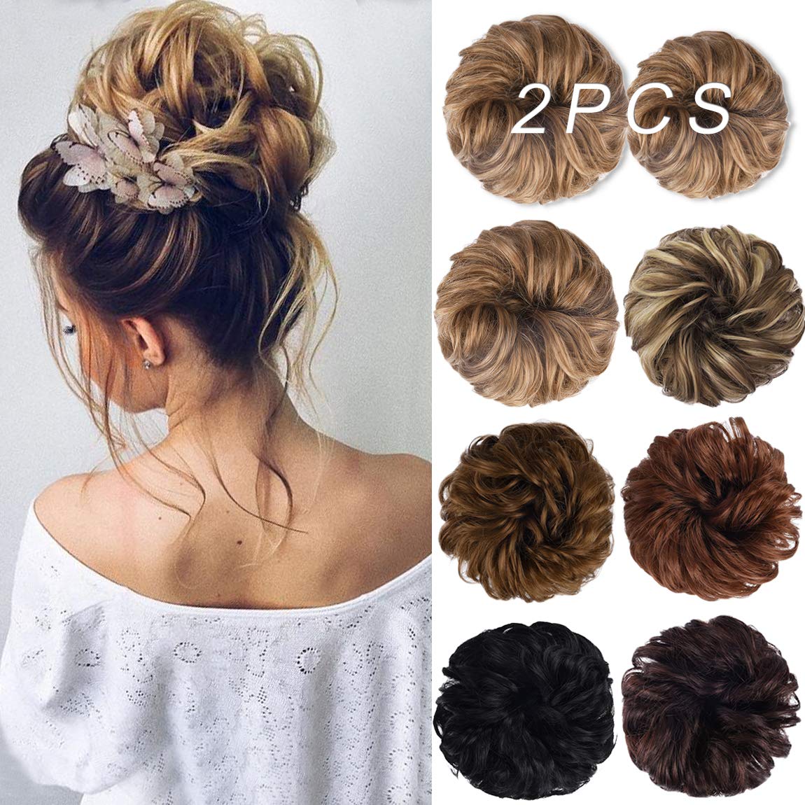 HOOJIH Messy Bun Hair Piece, 2PCS Tousled Updo Hair Extensions Hair Bun HCB001 Daisy Curly Wavy Ponytail Hairpieces Hair Scrunchies with Elastic Rubber Band for Women Girls – Dark Blonde
