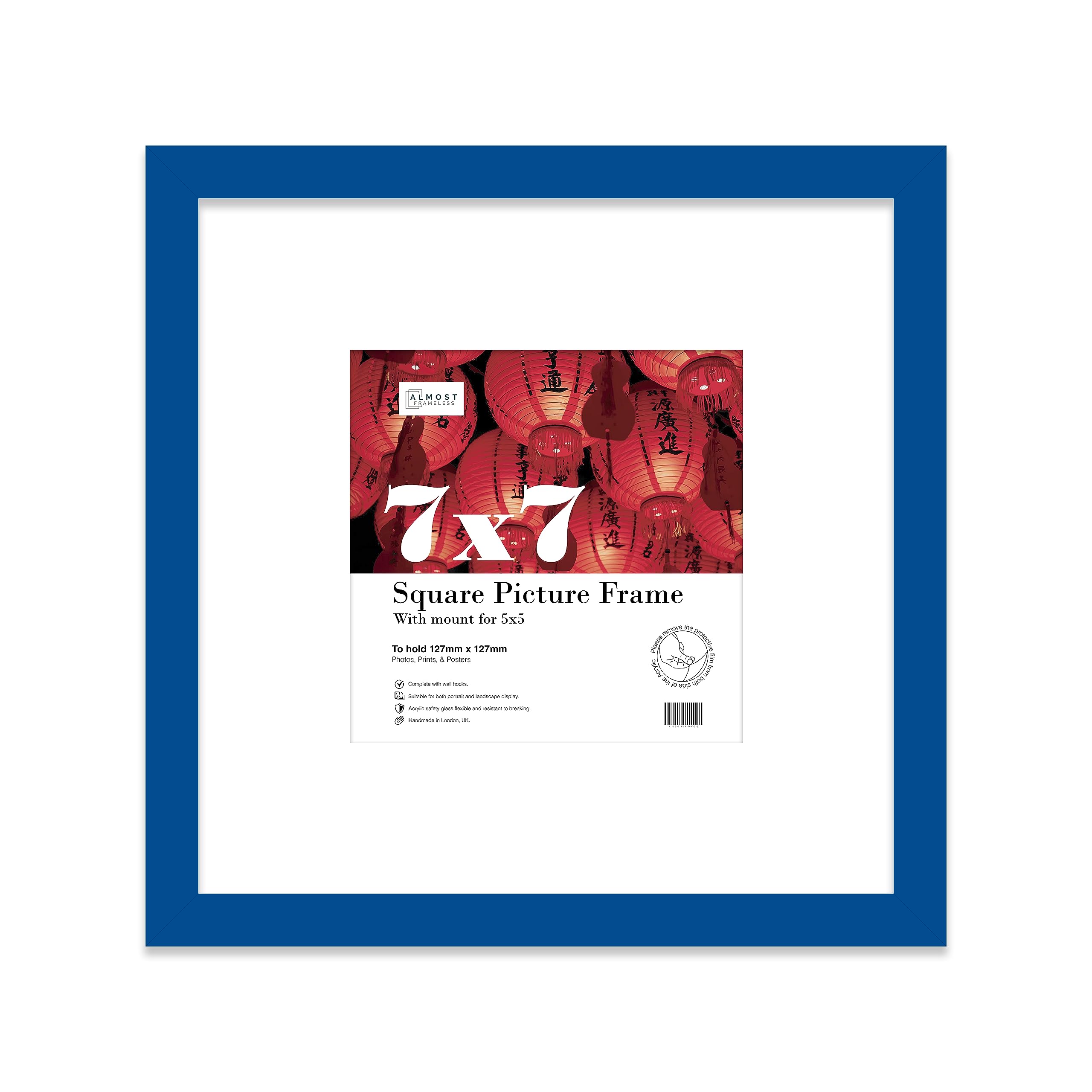 7x7 Blue Picture Frame with Mount for 5x5 Photos, Prints - Modern Square Wall Frame, 1 Pack