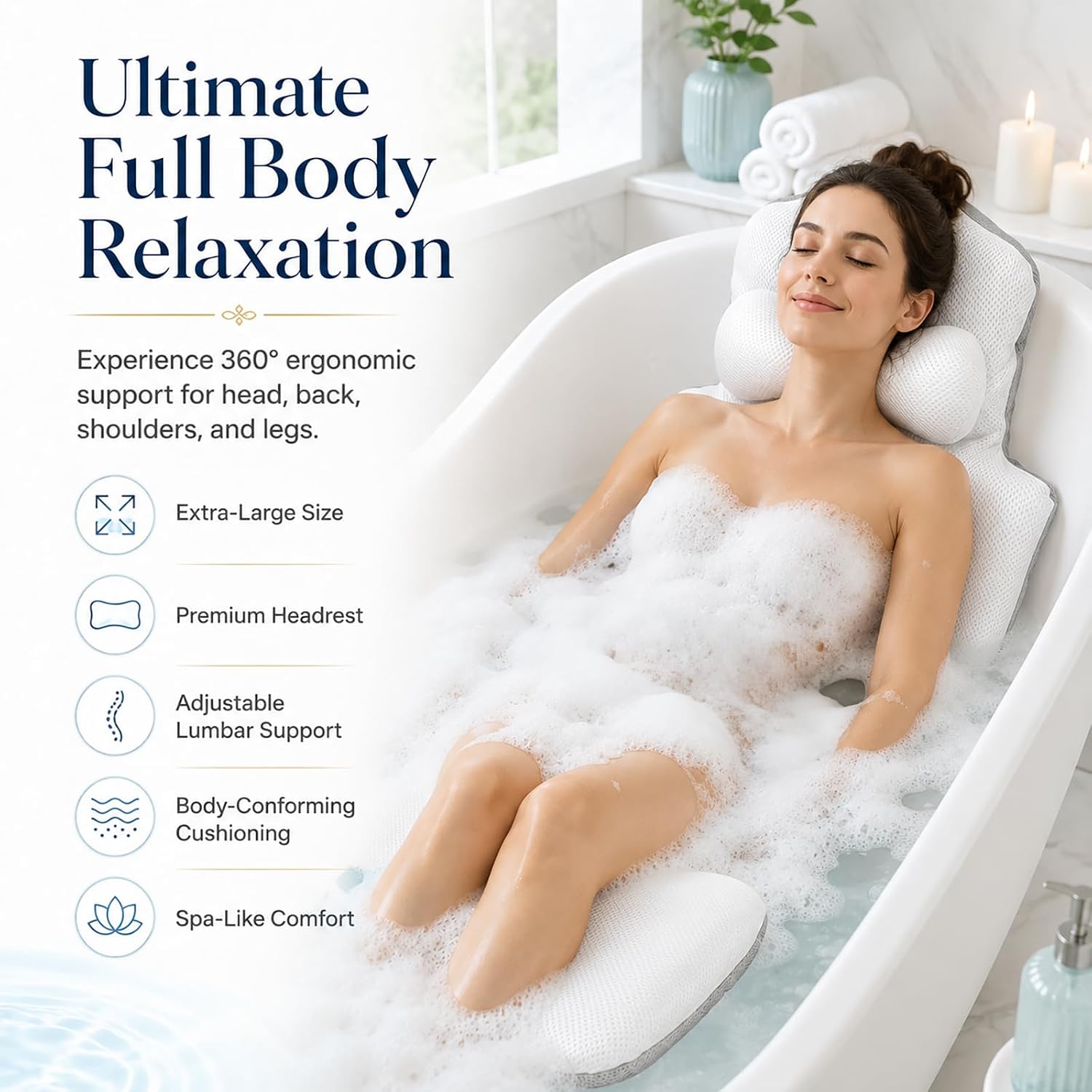 Full Body Bath Pillow, 52.4 x 15.8 in Luxury Bathtub Cushion with Lumbar Support and 192 Non-Slip Suction Cups, 5D Air Mesh Bath Pillows for Tub for Head, Back, Neck Support