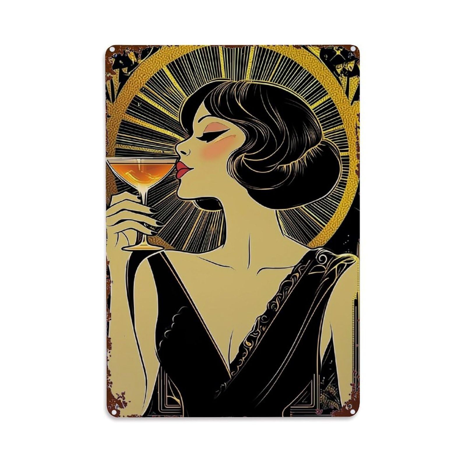 Art Deco Woman Cocktail Gold Retro Metal Tin Sign, Vintage Decor Art Poster for Bar, Home, Man Cave, Kitchen, Laundry Room Gift 8x12Inch