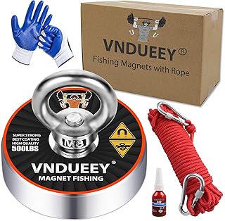 VNDUEEY Magnet Fishing Kit, 227Kg - Ø60mm - Extra Strong Neodymium Fishing Magnet with Rope (20M), Carabiner, Non-Slip Gloves, Threadlocker for Retrieving, Heavy Duty Magnets Kit for Hanging