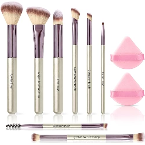 SOYOK Makeup Brush Set, Premium Synthetic Makeup Brushes with 2 Puffs, 8 Pcs Make up Brushes for Powder Concealers Eye Shadows Blush, Brush Kit with Gift Box for Beginners Professional Travel (Sliver)
