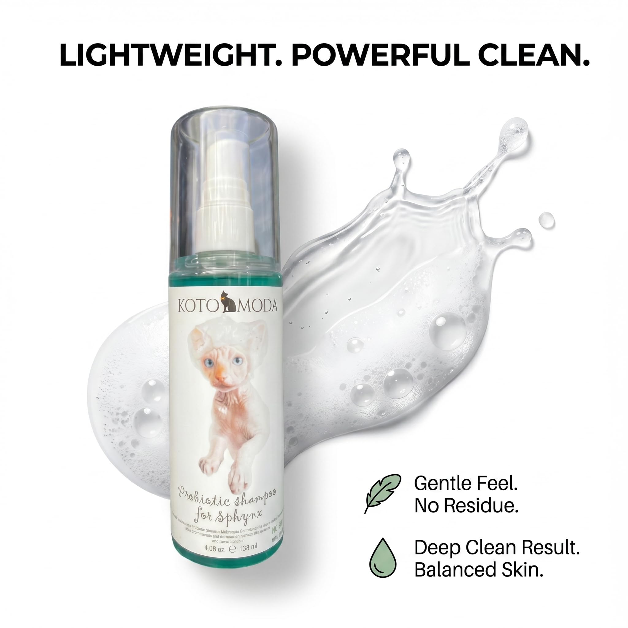 Shampooing Probiotique pour Chats Sphynx, Nettoyant Doux Non parfumé pour Races Nues et à Poil Court, Formule pH équilibré hydratante pour Peaux sensibles, 120 ML / 4,06 FL oz