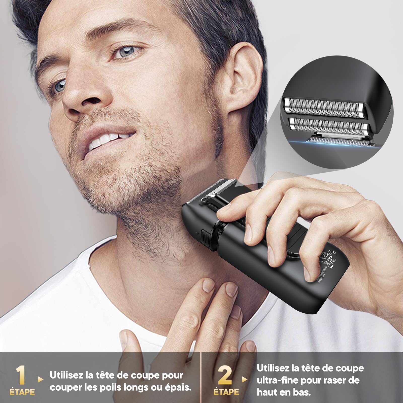 Brightup Rasoir Electrique Homme, Rasoir À Grille avec Tondeuse Rétractable, 150 Min D'autonomie, Etanche et Sans Fil, Charge Rapide USB-C, Lames Flexibles Pour Raser Doucement Visage et Barbe, Noir