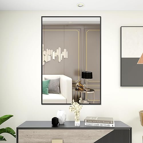 FANYUSHOW Wall Mirror, Black Metal Frame Bathroom Mirror for Wall, Modern Rectangle Vanity Mirror 24 x 36 Inch, Black(Hangs Horizontal/Vertical)