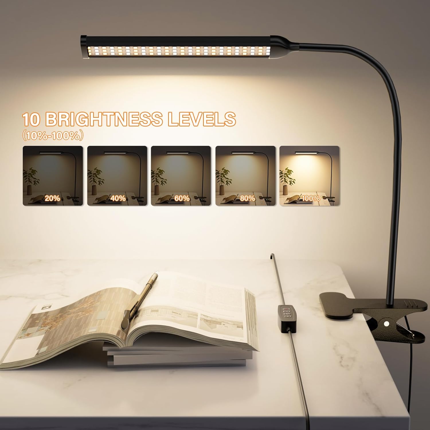 Desk Light with Clamp, Eye-Caring Clip on Lights for Home Office, LED Reading Lamp with 3 Color Modes, 10 Brightness, Flexible Gooseneck Swing Arm for Study, Work, Draw, Nail, Black