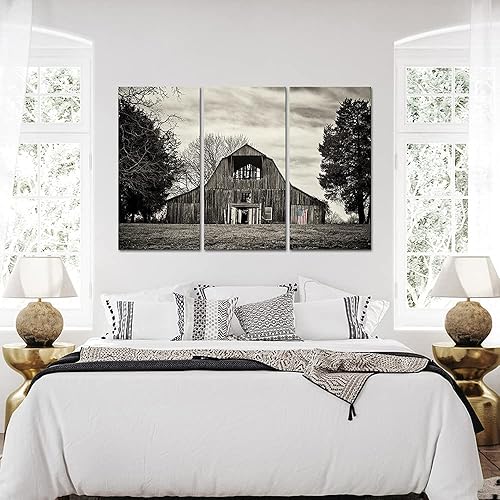 Miniatura 4 de VANSEEING 3 piezas de lienzo rústico de granero, arte de pared, granero antiguo en blanco y negro con impresión de pintura de bandera de Estados