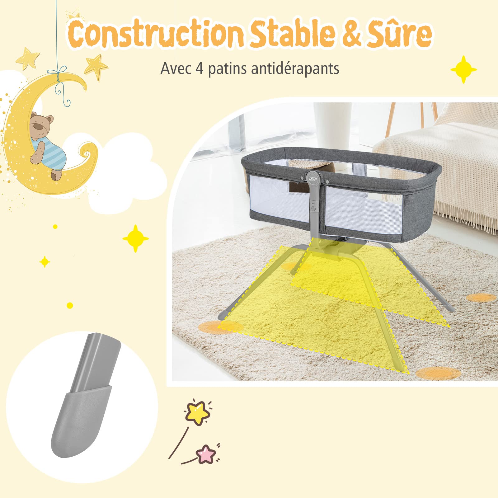 DREAMADE Berceau Cododo Bébé 92x63x74CM avec Matelas Lit Parapluie Bébé 0-6 Mois avec Angle Réglable,Filet de Ventilation Lit d’Appoint Nourrissons Charge 9 KG (Gris)