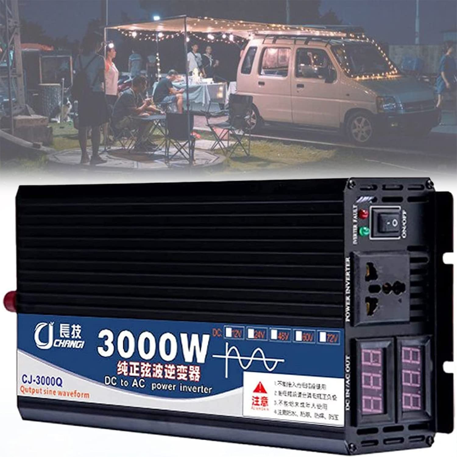 Przetwornice mocy czystej fali sinusoidalnej 3000W 4000W 5000W 12V 24V 48V 60V DC na AC 110V 230V konwerter z gniazdami prądu przemiennego i wyświetlaczem LED do ciężarówki RV,3000W-24V