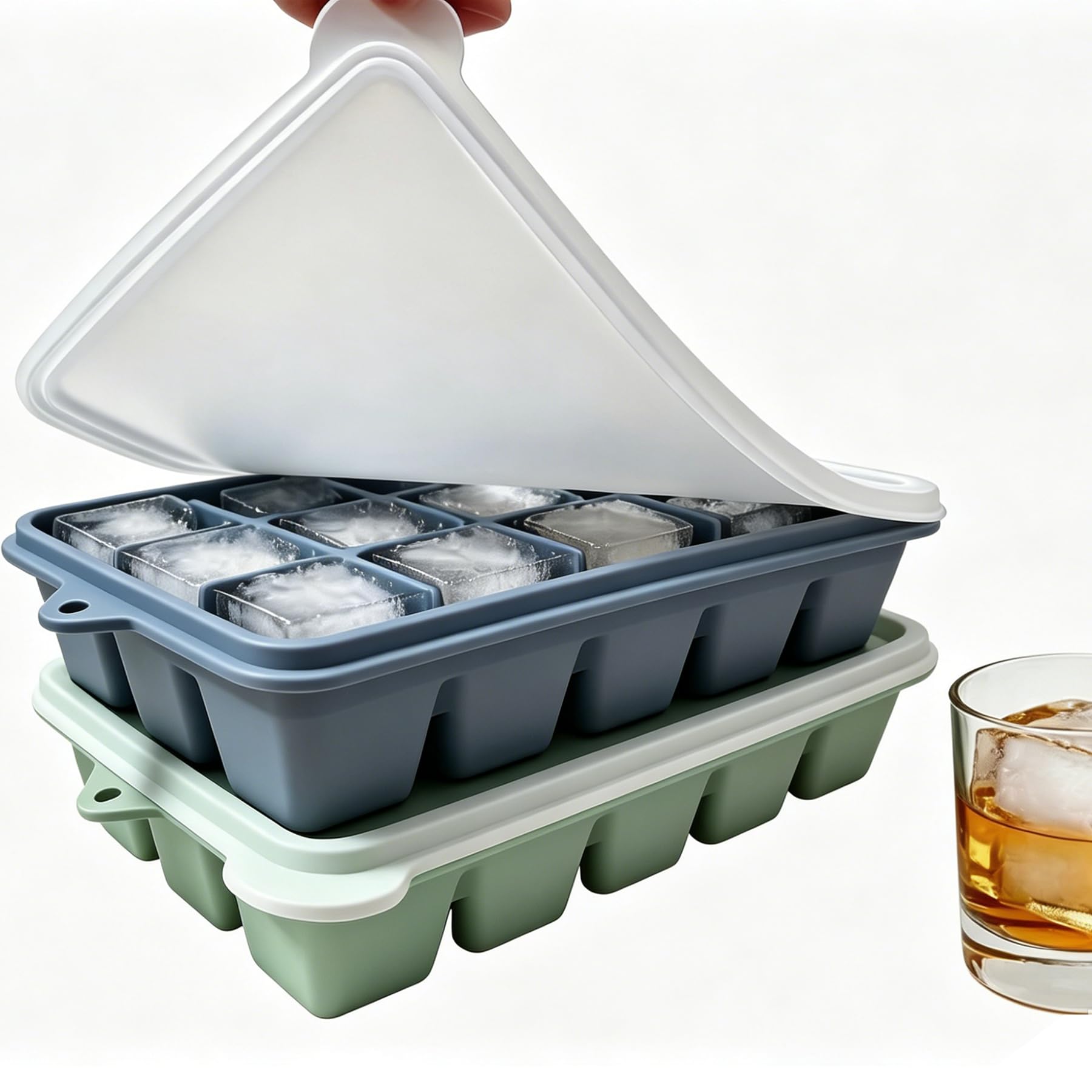 Ice Cube Trays with Lid - Flexible Easy Release Silicone Ice Cube Molds - Stackable Freezer Tray for Kitchen, Cocktail, Coffee, Whiskey 15 Cubes (Green+Blue) 2Pack)