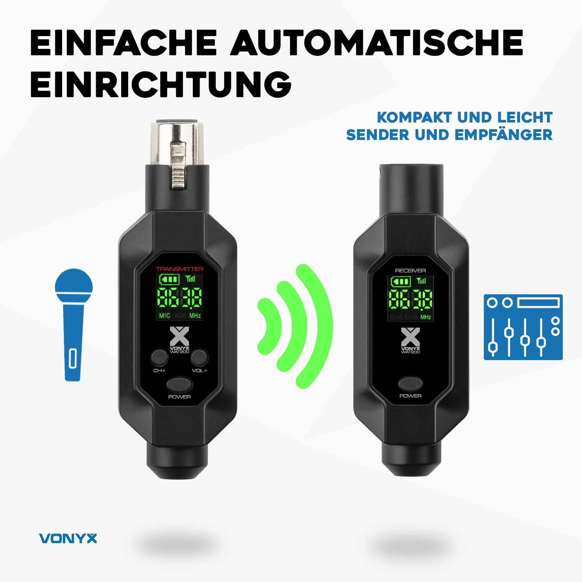 Power Dynamics WAT200 – XLR Funk Sender Empfänger für Mikrofon Kabellos, 70m Reichweite, Wireless Funk Mikro Adapter, 5h Akku, Funkmikrofon Adapter, 16 Kanäle Wireless Mic, Funk Audio Übertragung