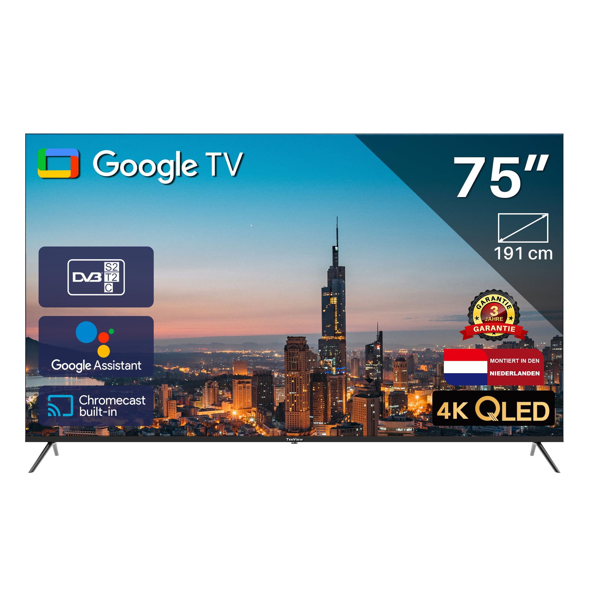TEEVIEW Google Smart TV | QLED 4K UHD | 75”/191cm | Frameless Design | Tripple Tuner DVB-T/T2/S/S2/C | HDMI x3, USB x2, CI+ | Sprachsteuerung & Streaming-Apps | In Eindhoven montiert | TV75QQG-EU