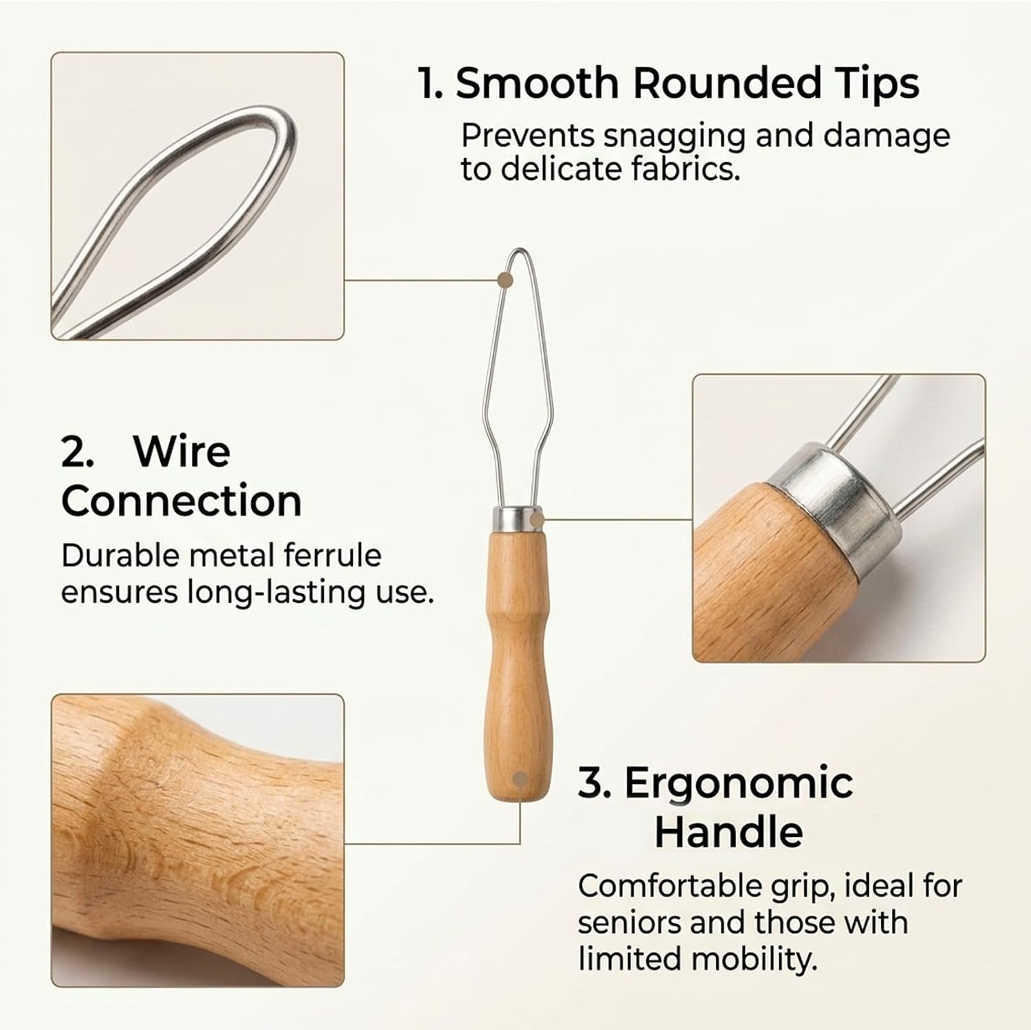 3Pcs Button Hook for Seniors, Button Helper Tool for Elderly, Button Assist Tool with Wooden Handles, Includes Regular and Small Tip Button Hole Helper Tools, Dressing Aid for Limited Mobility