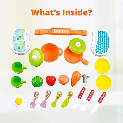 Miniatura 5 de Juego de cocina para niños pequeños, juego de cocina portátil de 25 piezas con comida de juguete, utensilios, ollas y tazas, regalo de cocina de