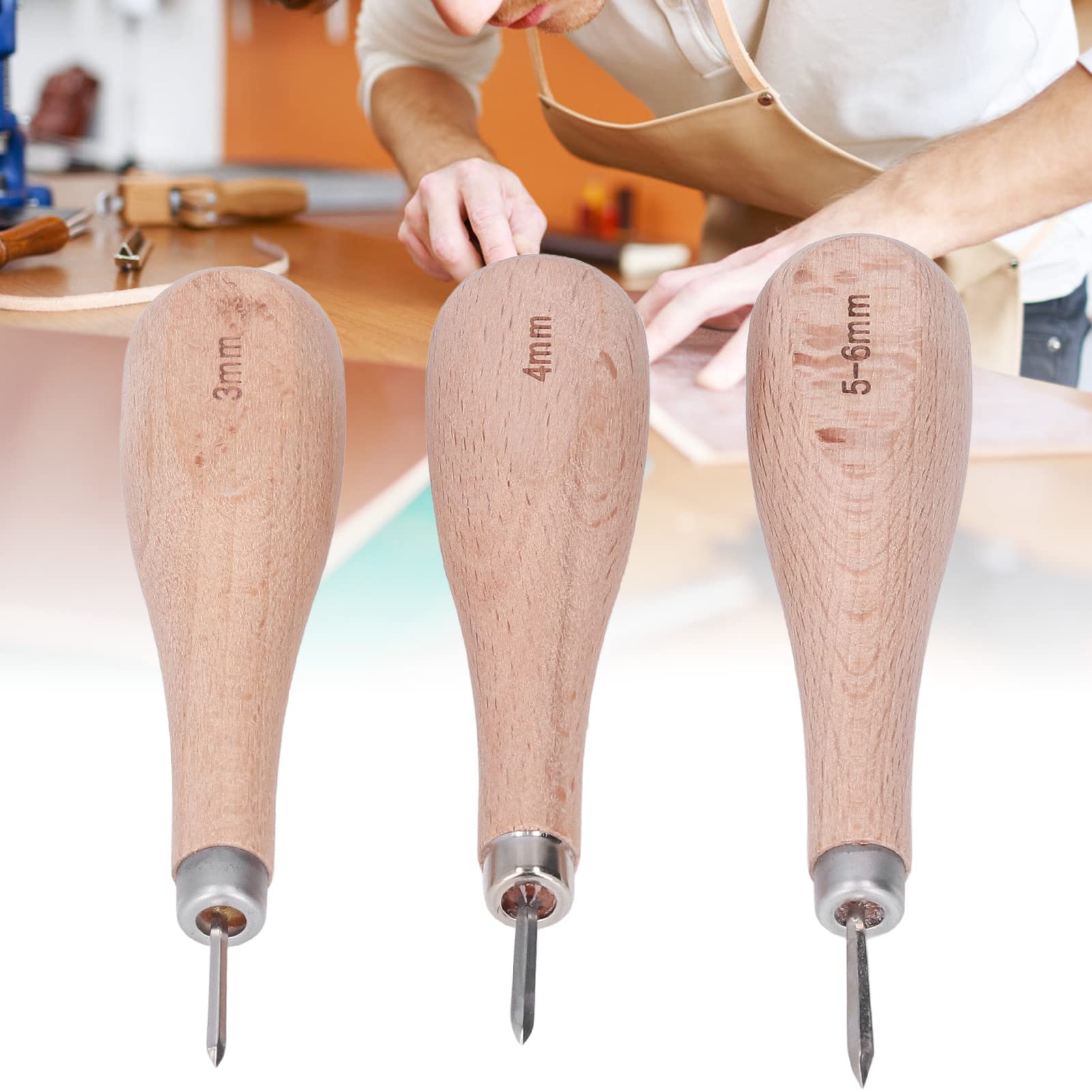 3Pcs Leather Wood Handle Awl Tools Sewing Accessories Stitching for Craft, Ergonomic Design Rhombus Leather Stitching Awl with Beech Handle for Leather Punching