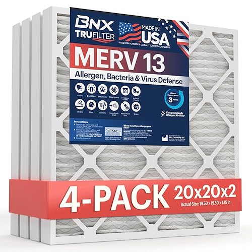 BNX 20x20x1 MERV 13 Air Filter 4 Pack - MADE IN USA - Electrostatic Pleated Air Conditioner HVAC AC Furnace Filters - Removes Pollen, Mold, Bacteria, Smoke - 20x20x1 6-Pack