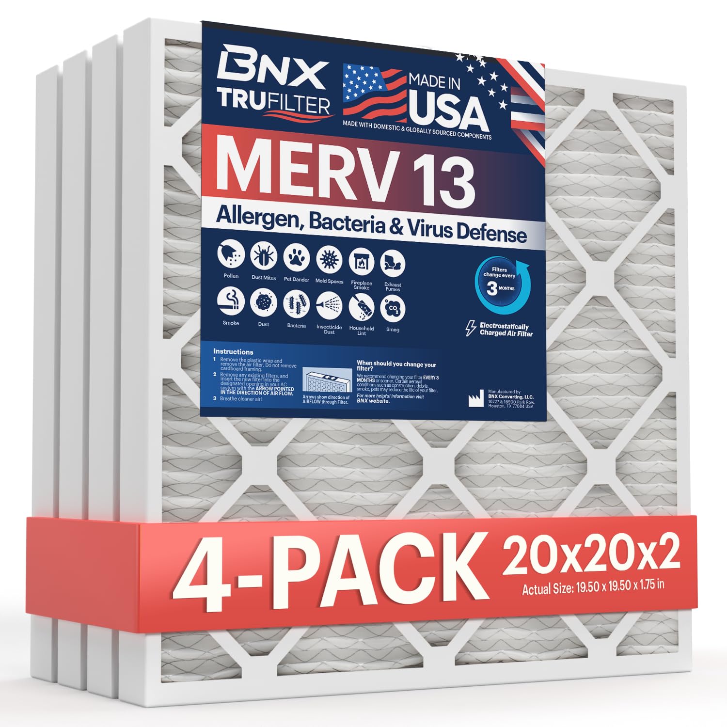 BNX TruFilter 20x20x2 Air Filter MERV 13 (4-Pack) - MADE IN USA - Electrostatic Pleated Air Conditioner HVAC AC Furnace Filters for Allergies, Pollen, Mold, Bacteria, Smoke, Allergen, MPR 1900 FPR 10