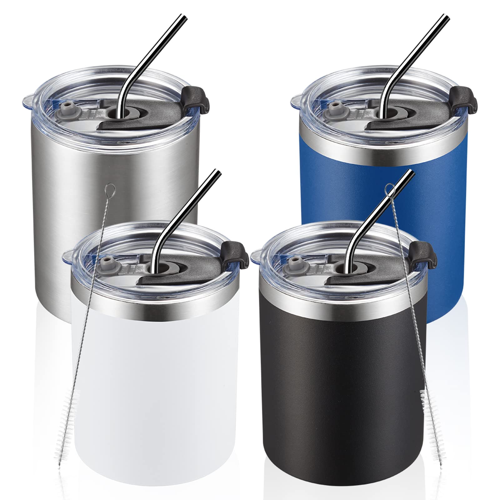 MEWAY 12 oz Lowball, Tumbler Stainless Steel Double Wall Vacuum Insulated Mug with Straw and Lid, Cleaning Brush ，Durable Powder Coated Insulated Coffee Cup for Cold & Hot Drinks (MIX,4 pack)