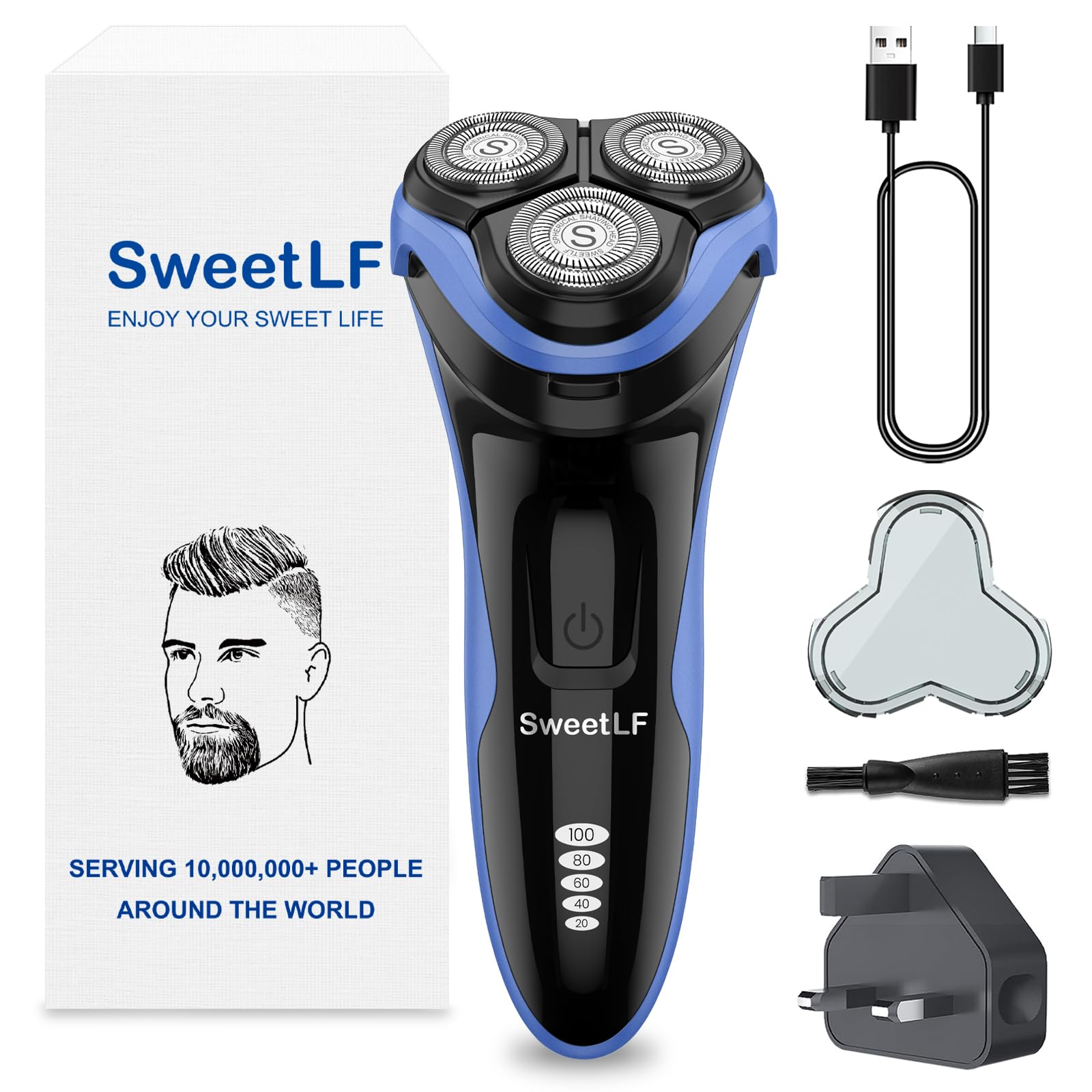 SweetLF Electric Razor for Men, 120 Min Shaving, Fast UK Adapter (1H Charging),100% Waterproof, Wet & Dry Rotary Shavers for Men with Pop-up Trimmer, LED Display, Blue Black