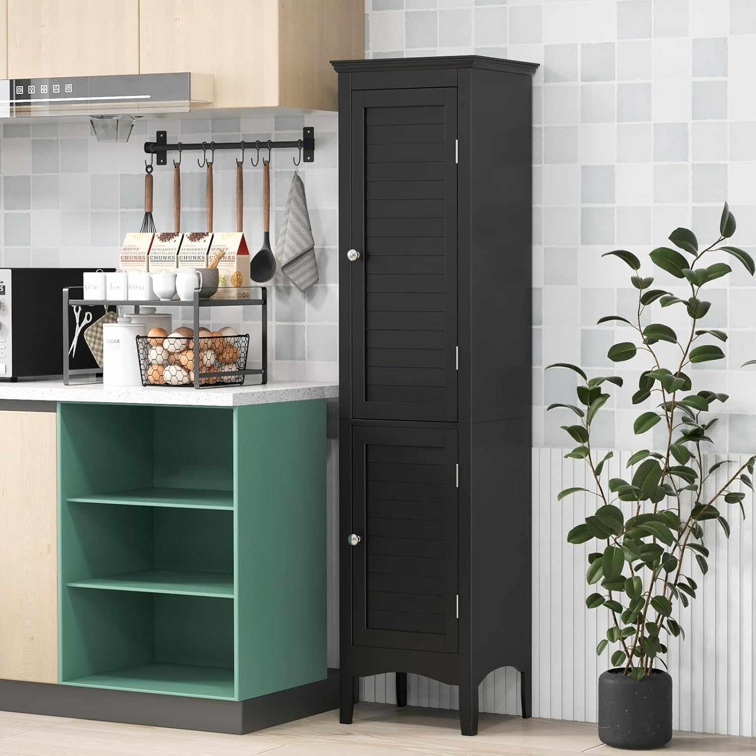 Bathroom Storage Cabinet, Narrow Tall Bathroom Cabinet with 3-Position Adjustable Shelf, 2 Doors, Anti-Tipping Device, Floor Freestanding Cabinet for Bathroom, Living Room (Black)