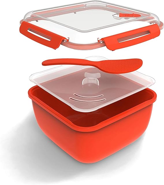 Rotho, Memory Microwave, Rice cooker for microwave 2.5 l, Plastic (PP) BPA red/transparent, 2,5l (19,5 x 19,5 x 12,1 cm)