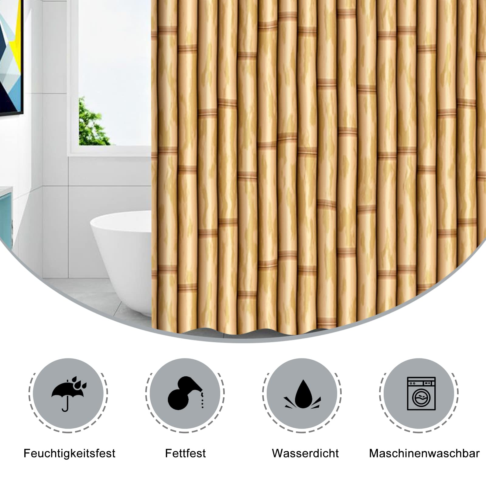AMDXD Duschvorhang 180x200cm, Verwelkt Bambus Badewannenvorhang aus Polyester Stoff mit 12 Duschvorhangringen, für Badewanne Badezimmer, Waschbar, Schnelltrocknend, Anti-Schimmel, Braun 71X79″