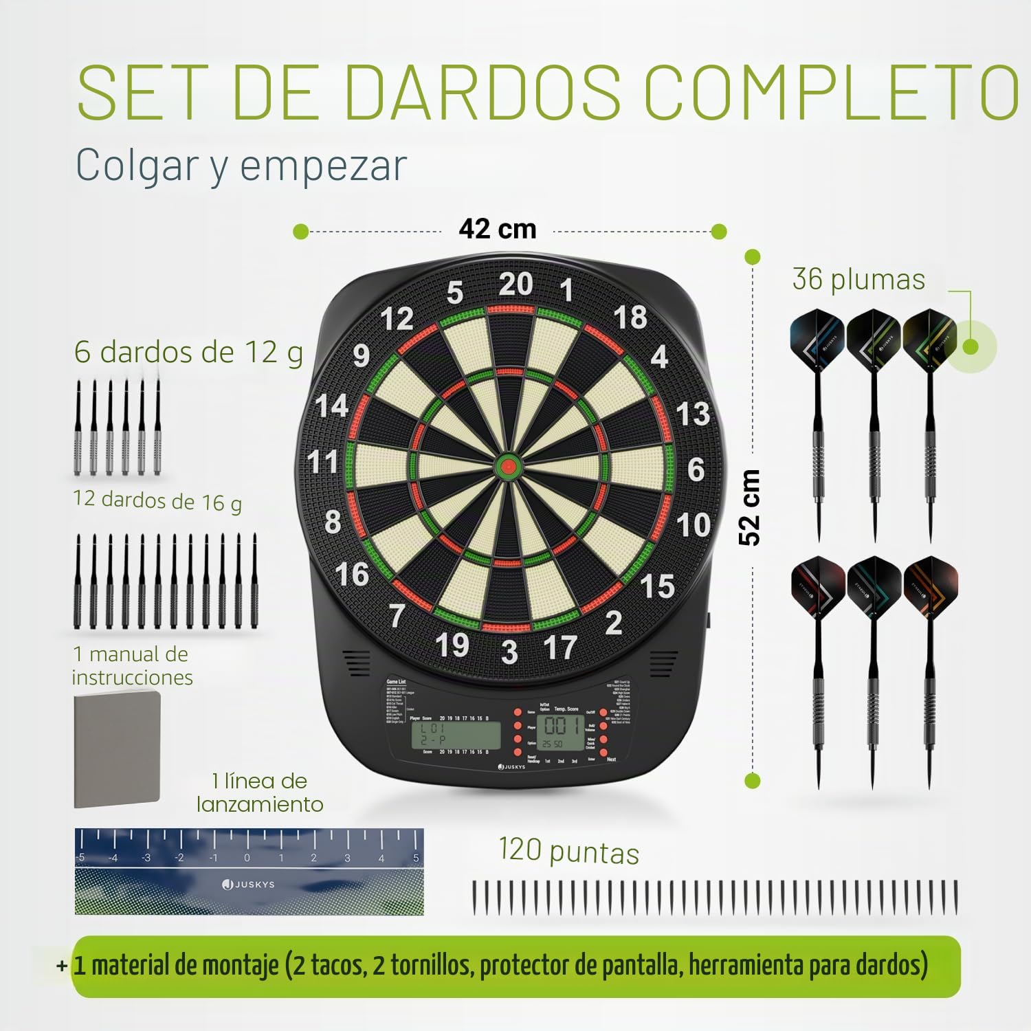 Juskys Diana electrónica con 32 juegos y 359 variantes, pantalla LCD, USB-C, flechas y accesorios, para hasta 8 jugadores, funciona con red y batería