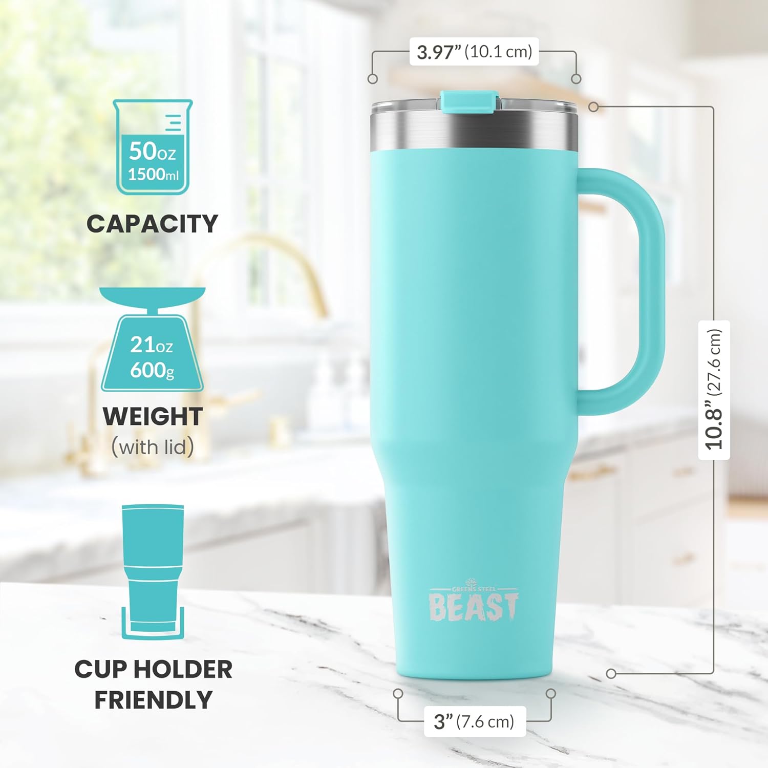 Beast 50 oz Tumbler with Handle Stainless Steel Vacuum Insulated Coffee Ice Cup Double Wall Travel Flask (Aqua Blue) - Image 3