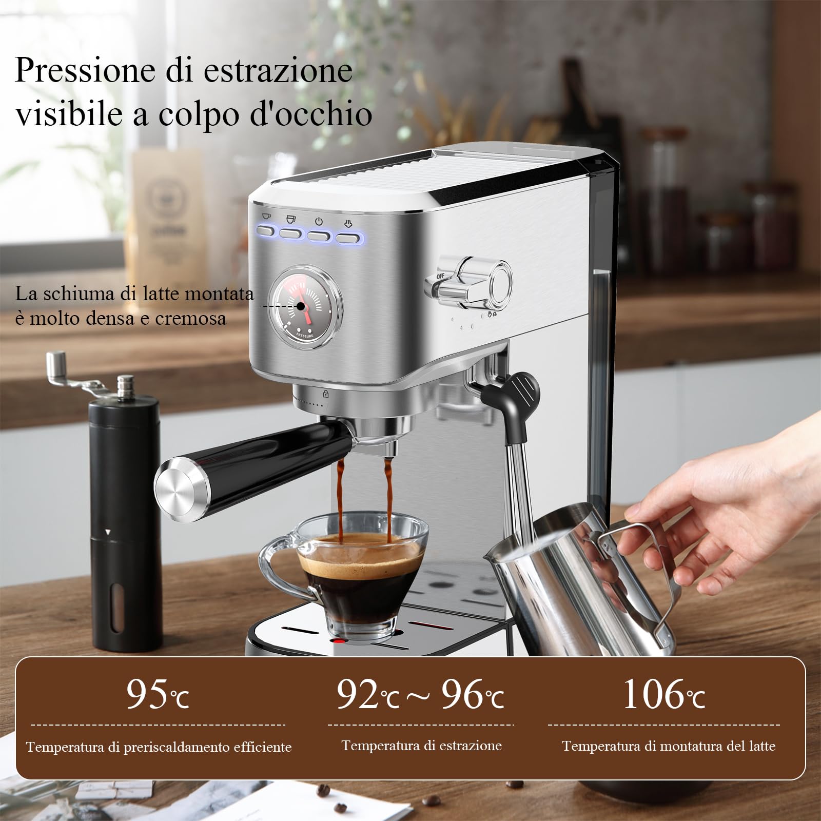 KOTLIE CM5080 Macchina per Espresso, Macchine per Cappuccino Con Montalatte e Manometro Visivo,20 Bar,1350 W,1 L Rimovibile Serbatoio
