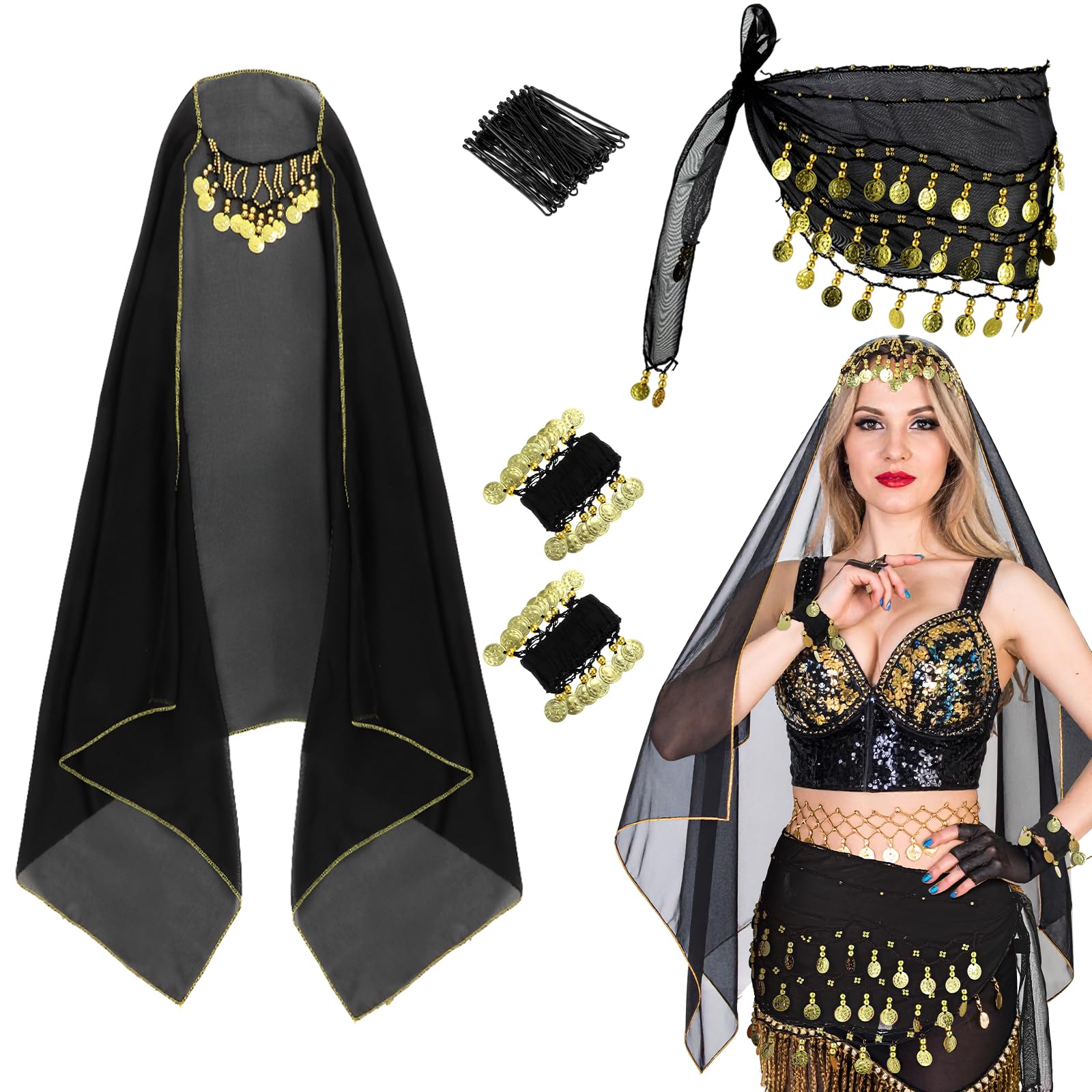 4 Pcs Belly Dance Costume Set, Chiffon Hip Scarf & Head Scarf with Gold Coins Wrist Bracelets Women's Halloween Carnival(Black)
