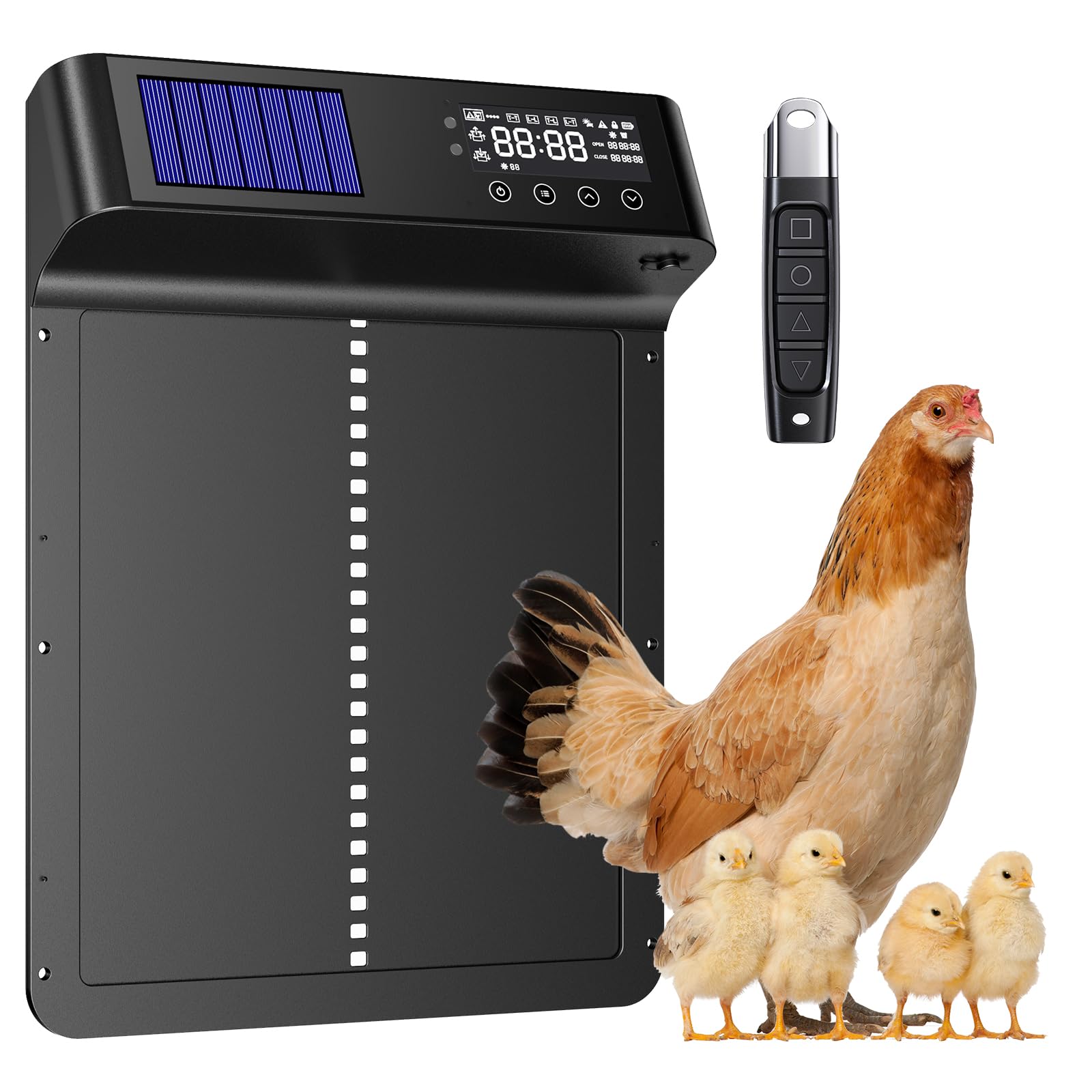 Garnet Automatic Chicken Coop Door, Solar Powered Chicken Coops Door with 5000mAh Battery, Timer & Light Sensor & Aluminum Door with LCD Screen, Remote Control, Anti-Pinch Design, Super Waterproof