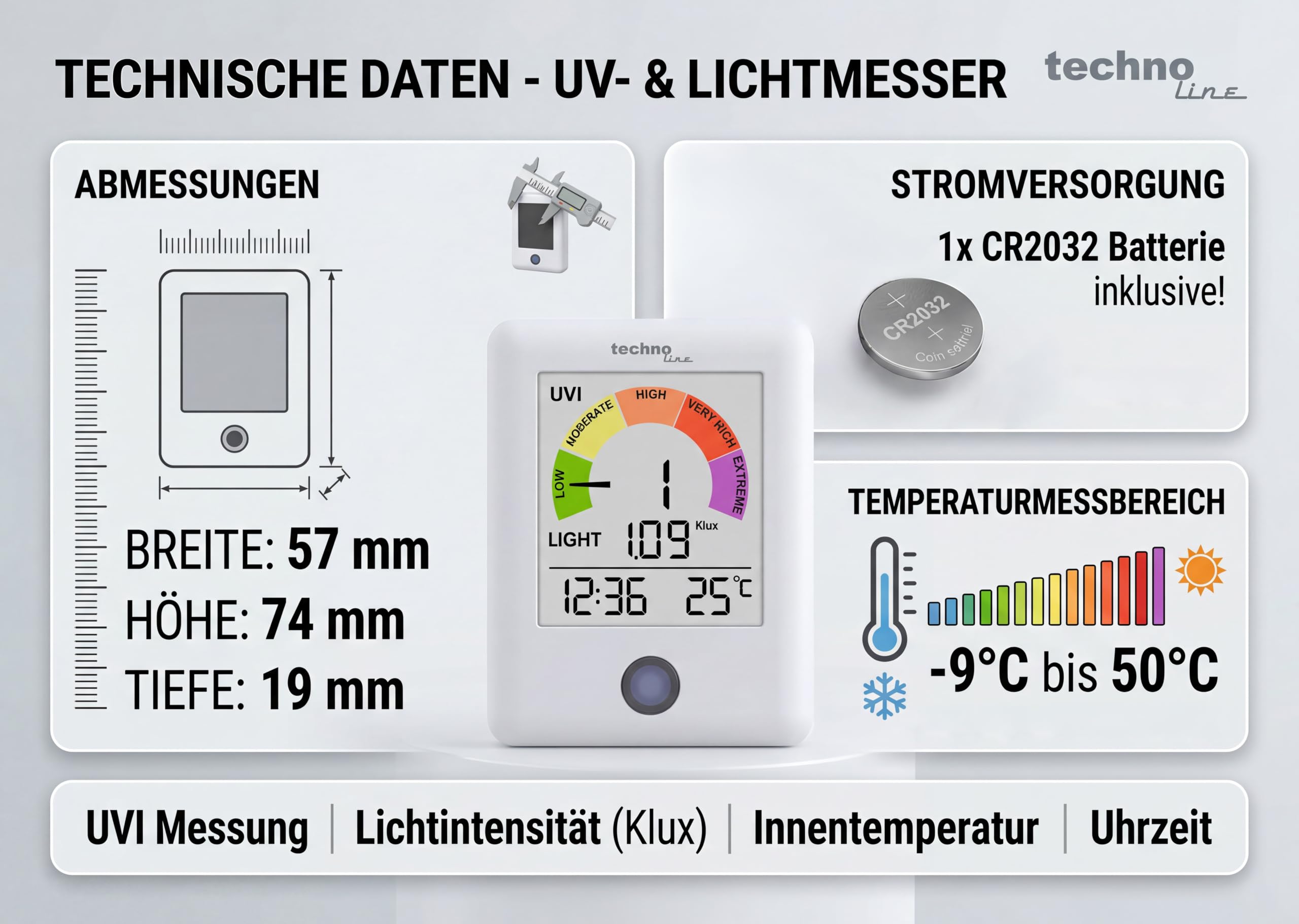 technoline WS9320 monitor promieniowania UV z indeksem UV i światłomierzem | pomiar UV w czasie rzeczywistym co 60 sekund | temperatura i godzina wnętrza | alarm UV ze skalą kolorów | miernik