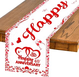 40th Anniversary Wedding Table Runner, Red Happy 40th Anniversary Linen Fabric Table Runner 72 X 13 Inches Washable Table Cover for 40th Ruby Wedding Anniversary Kitchen Dining Table Decor