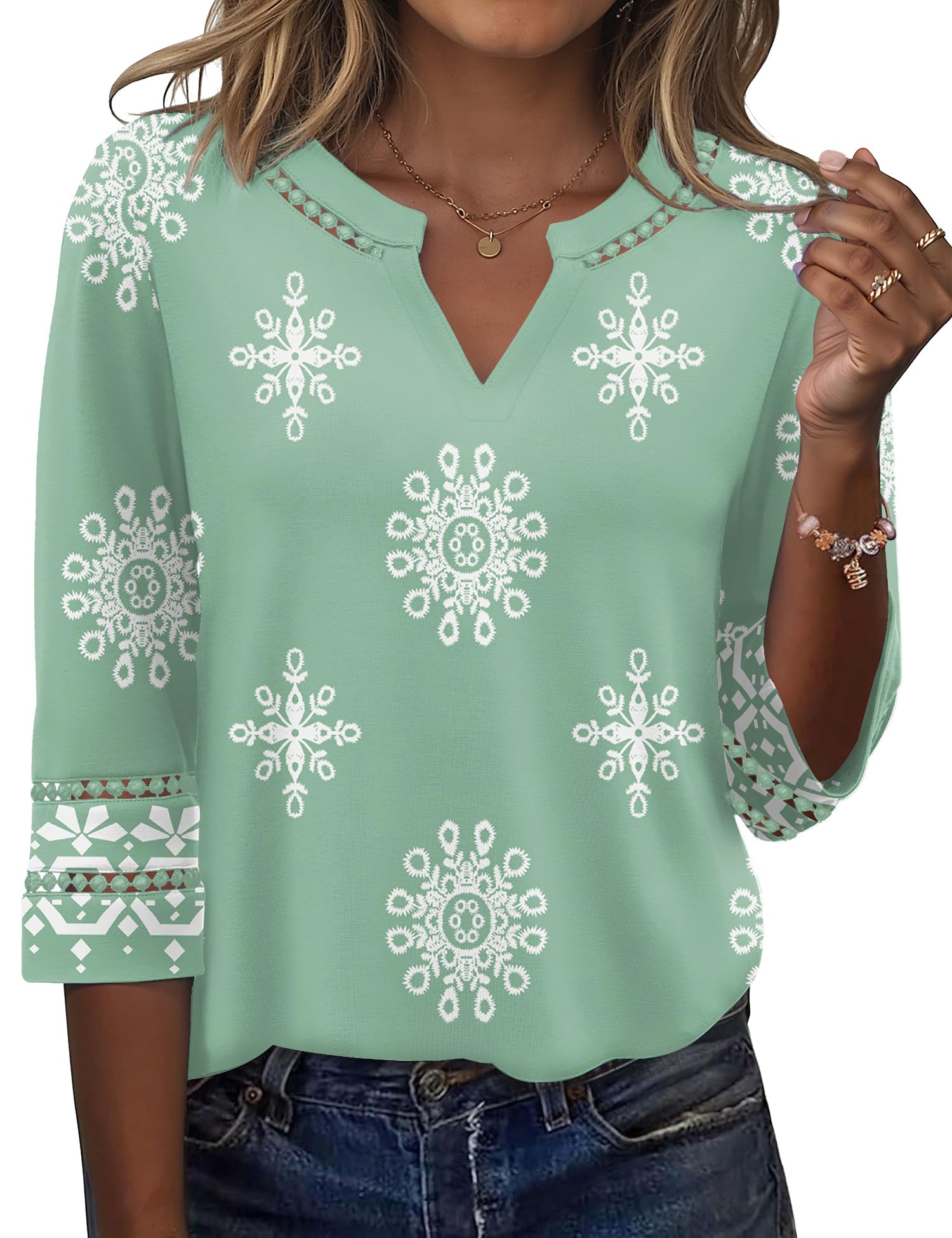 Rapbin Bluse Damen Elegant 3/4 Arm Shirt V-Ausschnitt Sommer Tunika Spitze Bestickt Vintage Oberteil 2026 Mode Tops