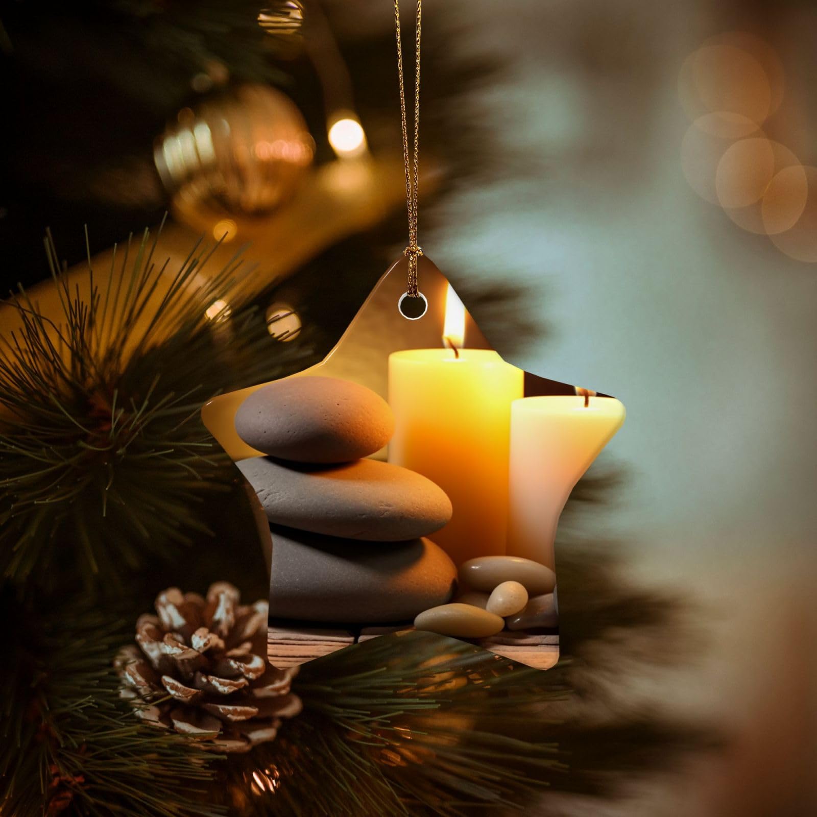 Christmas Tree Ornaments Ceramics Christmas Decorations Candles and Stone Ornaments with Gold Ribbon Porcelain Xmas Tree Crafts Star Shape Hanging Pendant for Christmas Tree Party Decor