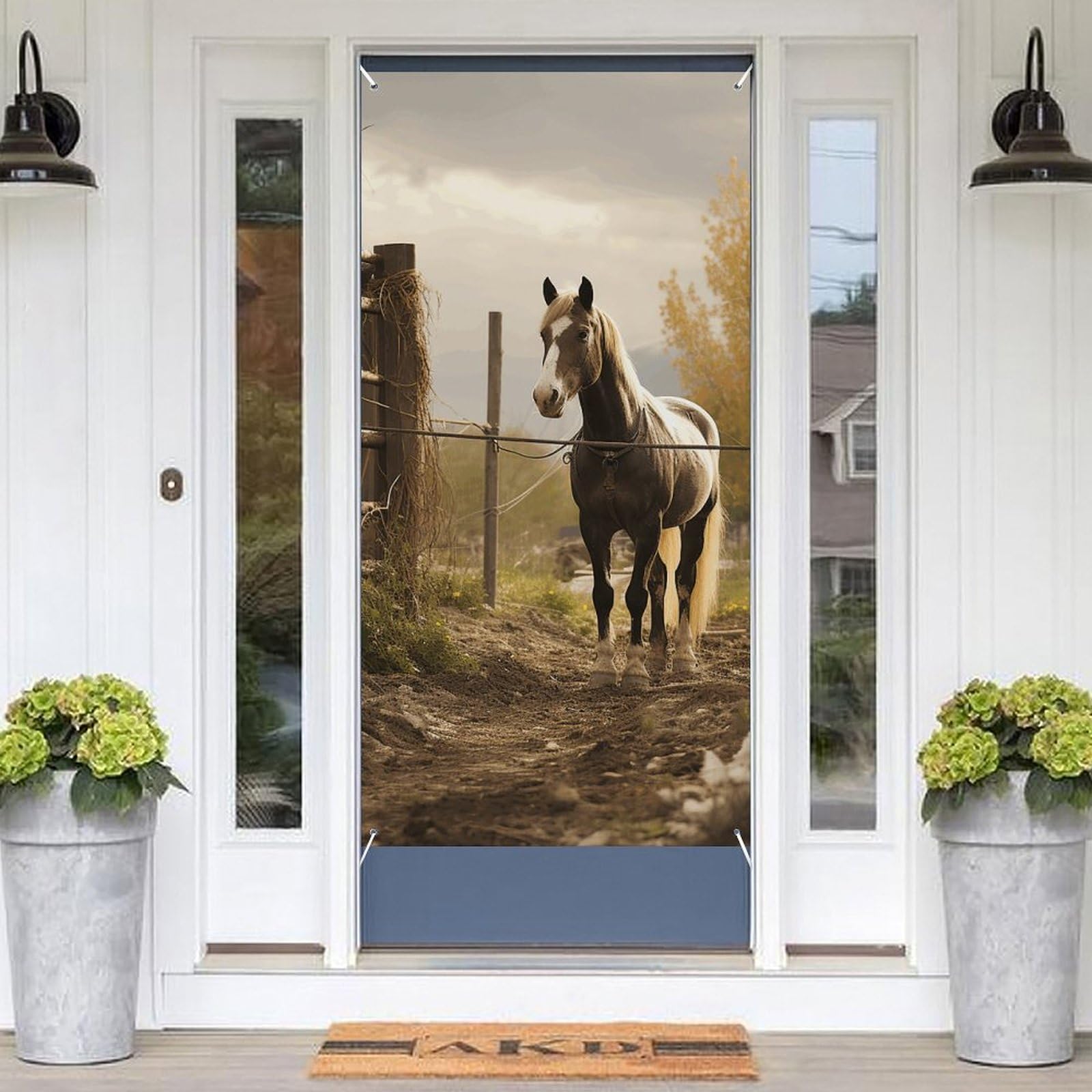 Fence And Horse Welcome Door Cover Spring Door Cover with Rope Spring Easter Seasonal Welcome Decoration Porch Sign Banner for Holiday Party Photo