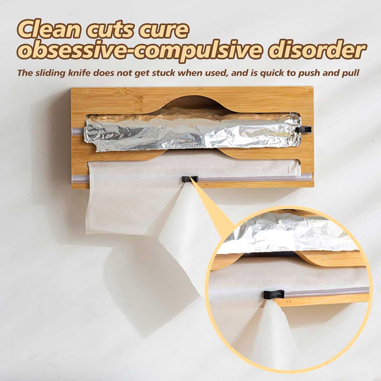 Derouleur Film Alimentaire en Bambou, Distributeur Papier Aluminium et Film avec Cutter Coulissant, Distributeur Film Alimentaire Compatible avec rouleaux de 30cm, Organisateur Tiroir Cuisine Efficace