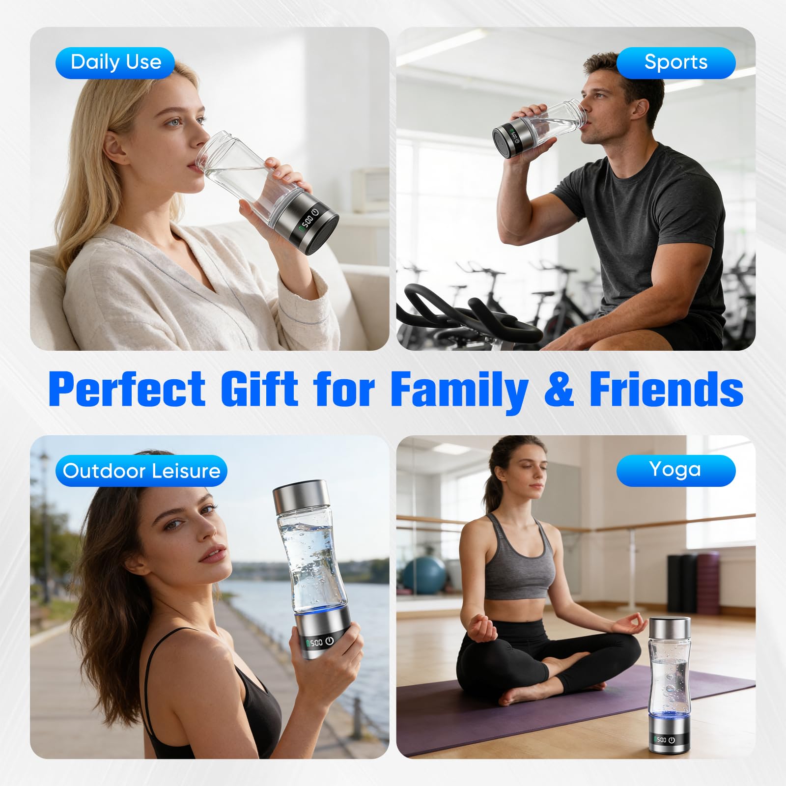 Bouteille d'eau hydrogénée avec affichage numérique, 460 ml Bouteille d'eau hydrogénée portable en verre avec technologie 5200 PPB & SPE, eau riche en hydrogène en 5 minutes (5200 PPB - 460 ml)
