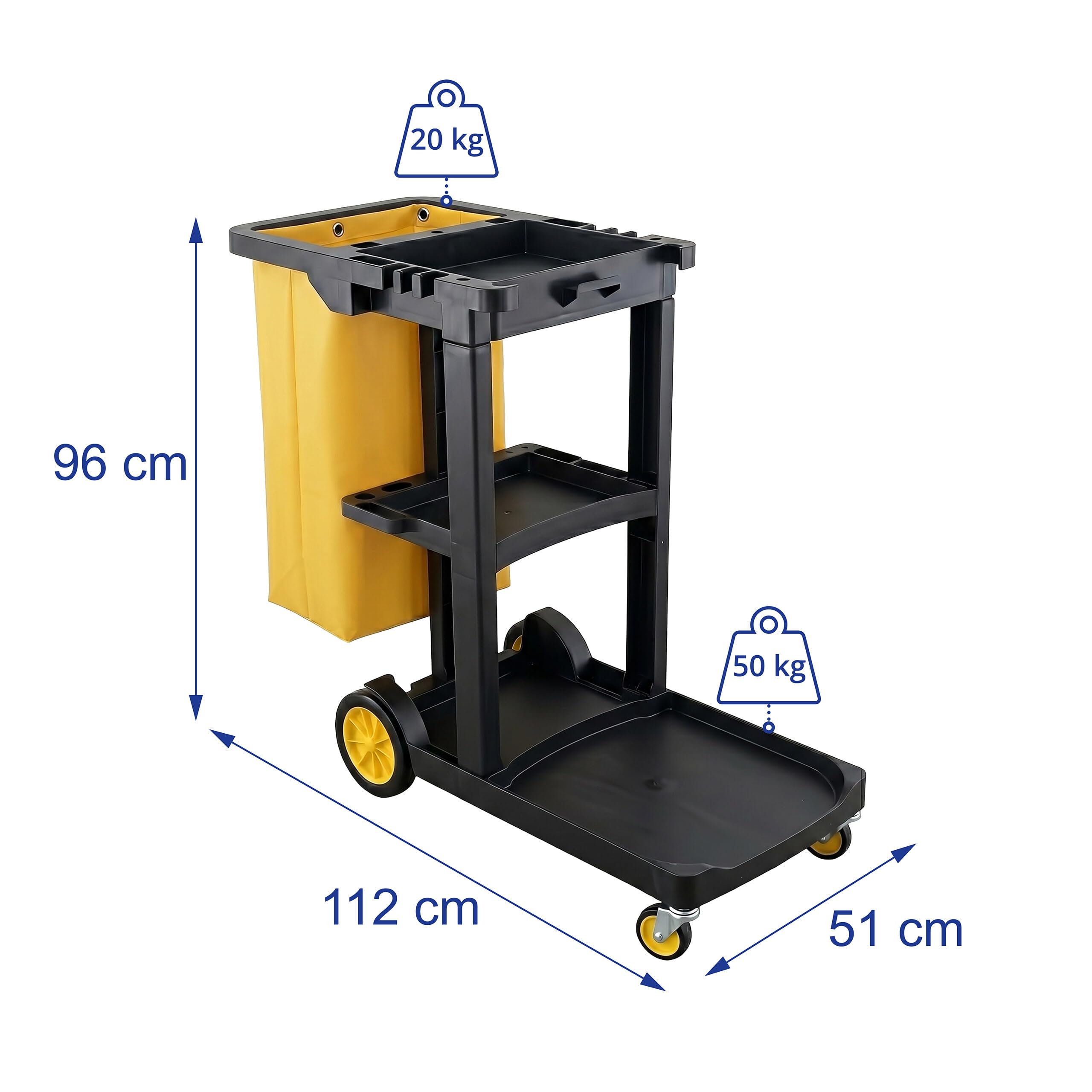 Relaxdays Carro de Limpieza con 3 Estantes, Negro-Amarillo | Soporta hasta 50 kg, incluye bolsa y soporte para escoba. Medidas: 96x112x51 cm